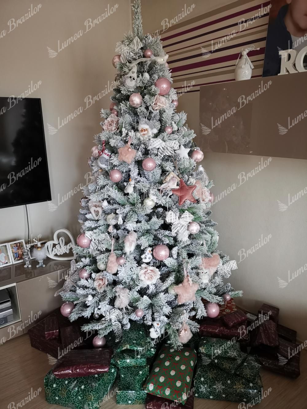 brad alb cu roz - Pom de Crăciun artificial Pin Alb 210cm