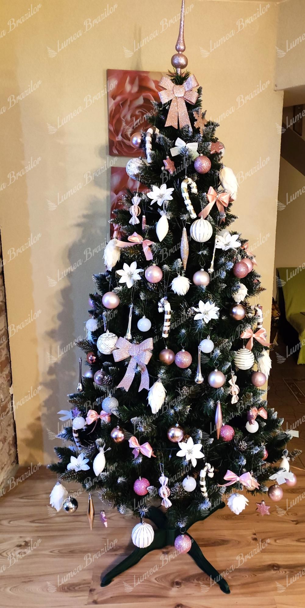 brad alb cu roz - Pom de Crăciun artificial Pin Argintiu cu cristale de gheață 220cm