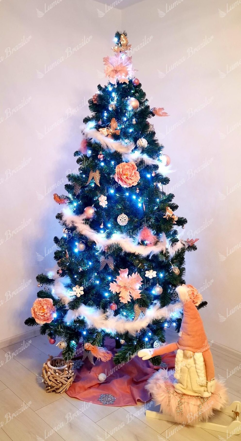 brad impodobit alb cu roz - Pom de Crăciun artificial Pin Natural 180cm